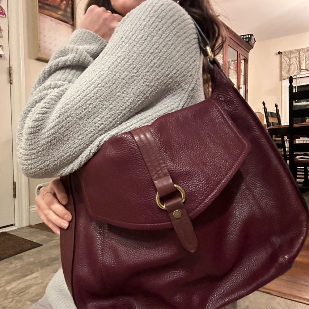 Burgundy Full Grain Leather Shoulder Bag Italy Minnelli Paris - Picture 8 of 9